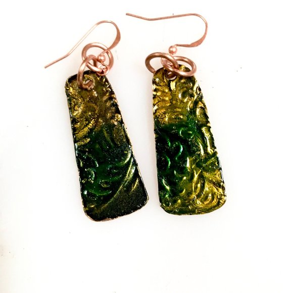 Rustic Little  Green Blue Textured Solid Copper Earrings Brutalist Abstract Boho - Picture 5 of 8